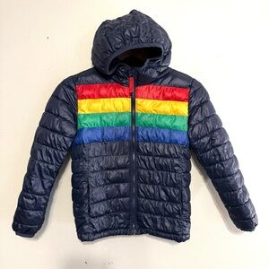 PRIMARY Rainbow Stripe Lightweight Puffer Jacket Size 8/9 Blue Full Zip